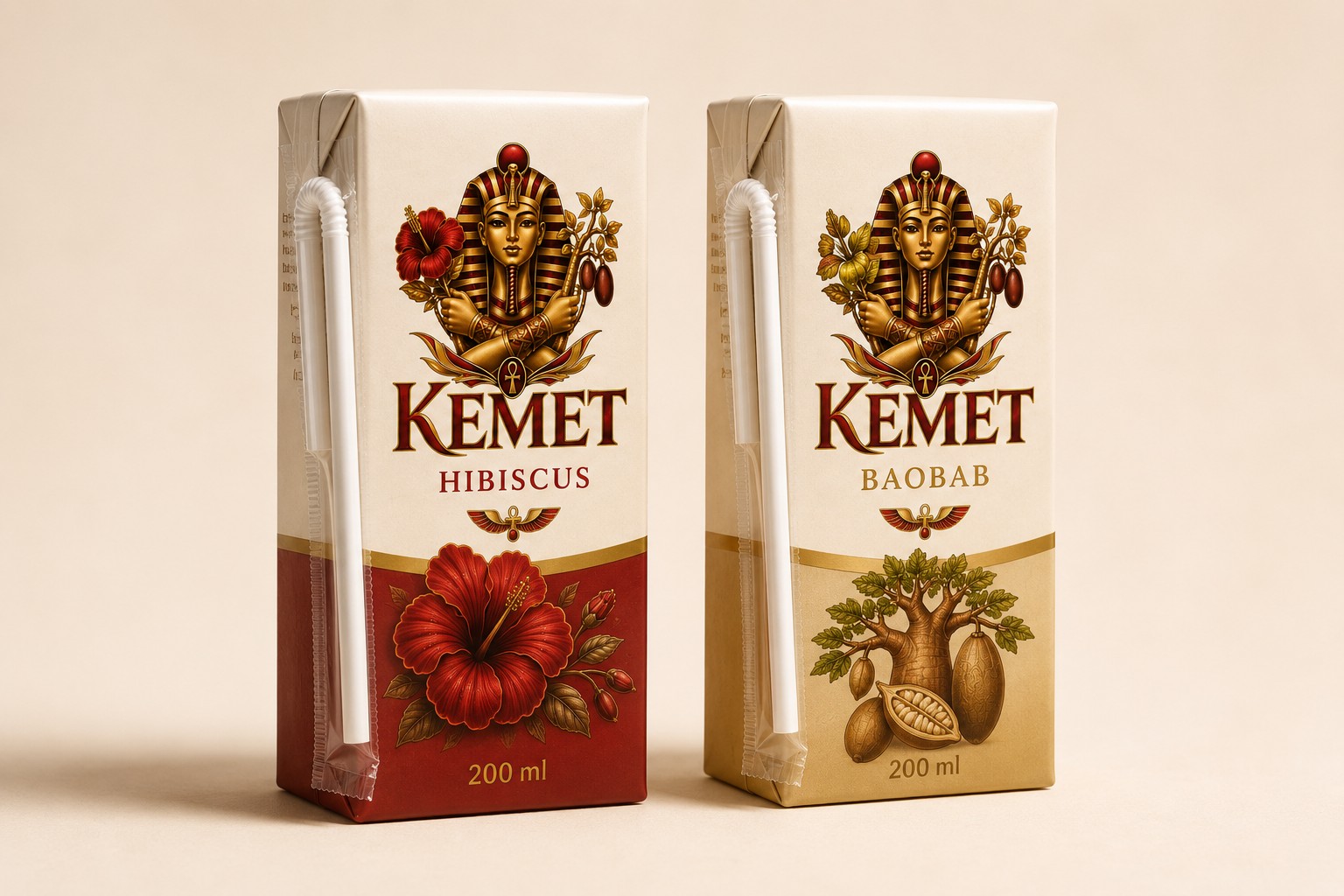 Two 200 ml Kemet cartons with wrapped bendable straws: red hibiscus and cream-coloured baobab